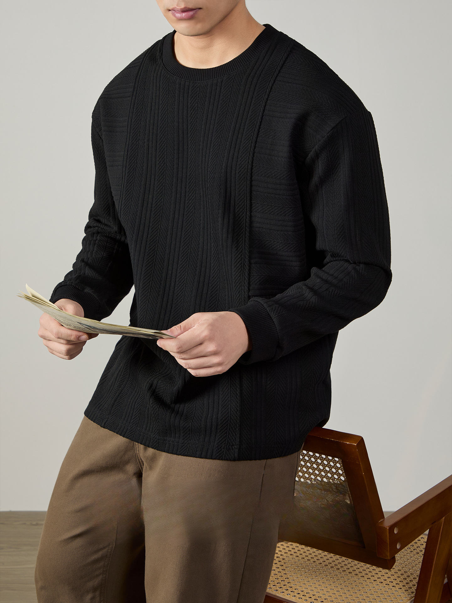 【溫潤極簡風】經典麻花紋理棉感打底衫男士寬鬆垂感圓領長袖T桖