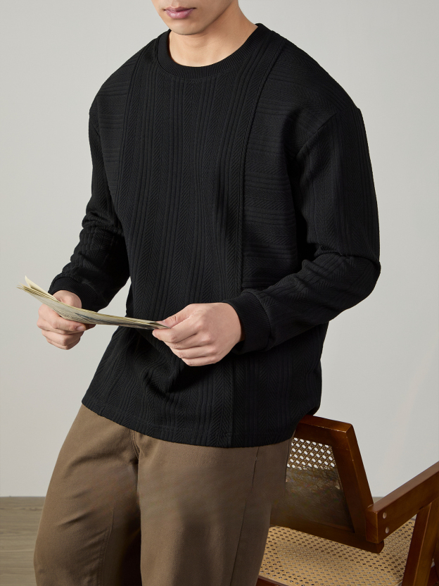 【溫潤極簡風】經典麻花紋理棉感打底衫男士寬鬆垂感圓領長袖T桖