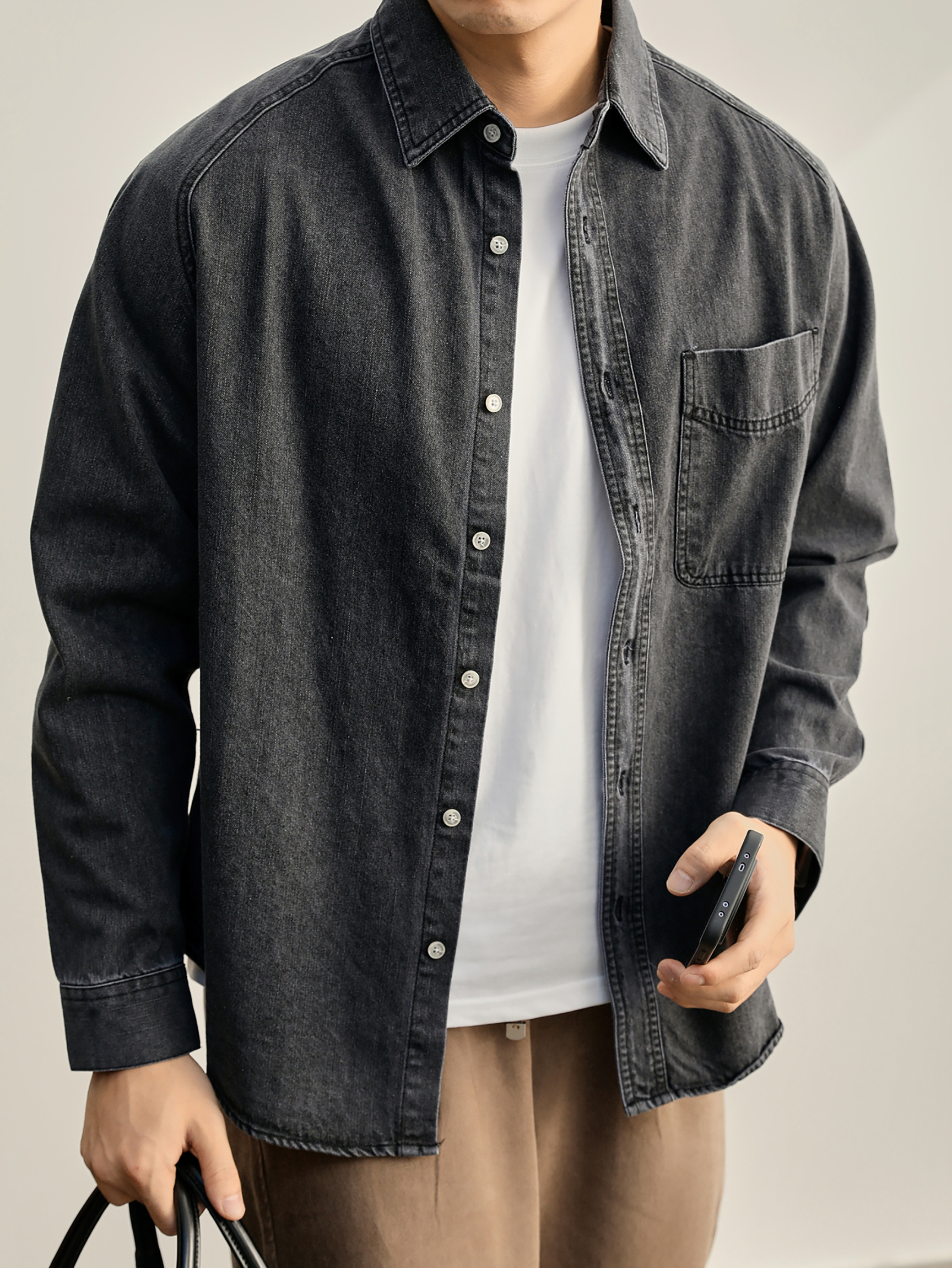 插肩袖洗水棉重磅280g牛仔襯衫男輯明線貼布口袋長袖小外套