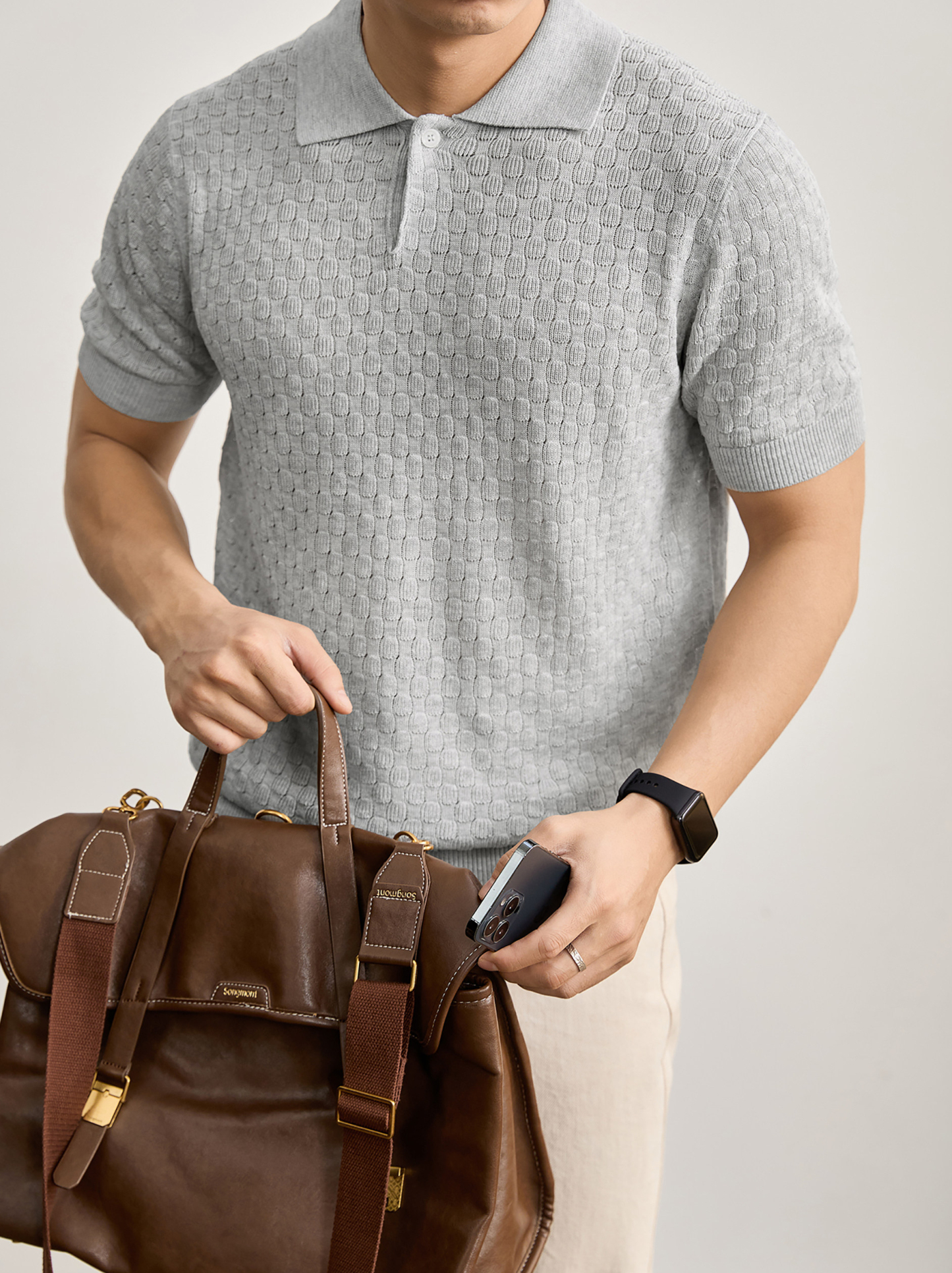 個性透氣蜂巢鏤空提花針織肌理T恤亞麻萊賽爾短袖polo衫男夏