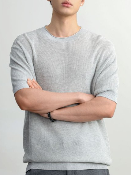 【萊賽爾亞麻】男士夏季寬鬆美式復古純色簡約通勤老錢針織短袖T恤