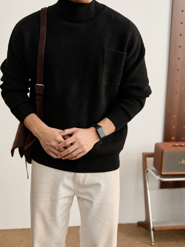 冬款單貼袋高領針織衫男士復古氛圍坑條肌理保暖長袖毛衣