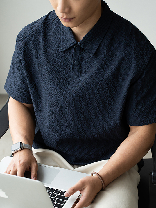 美式速幹簡約泡泡紗短袖Polo衫男士2025春夏休閒翻領Polo衫
