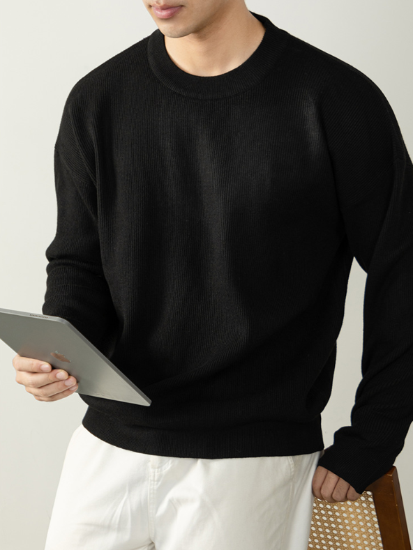 【鬆弛高級感】豎紋肌理寬鬆針織衫男厚實秋冬紐扣袖口設計毛線衣