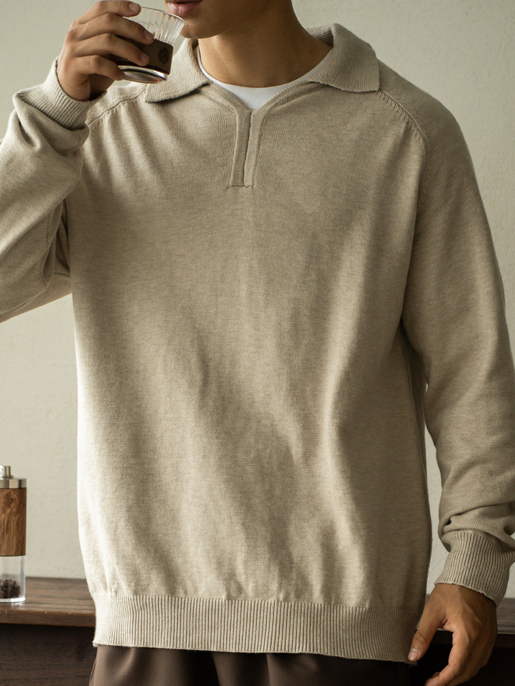 老錢風輕商務7針細膩紋理小V翻領半開襟毛衣男2025秋冬新款POLO衫