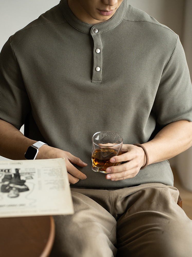 美式復古亨利領華夫格短袖T恤男2025春夏新款通勤休閒半袖上衣