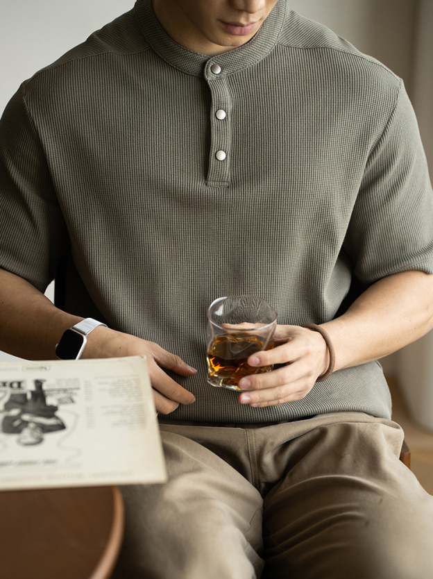 美式復古亨利領華夫格短袖T恤男2025春夏新款通勤休閒半袖上衣