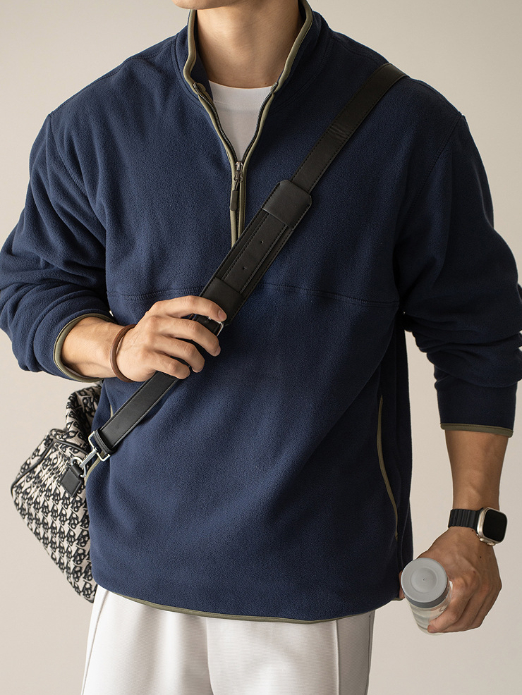 老錢風復古搖粒絨半拉鍊衛衣男秋冬加絨加厚保暖休閒長袖T恤