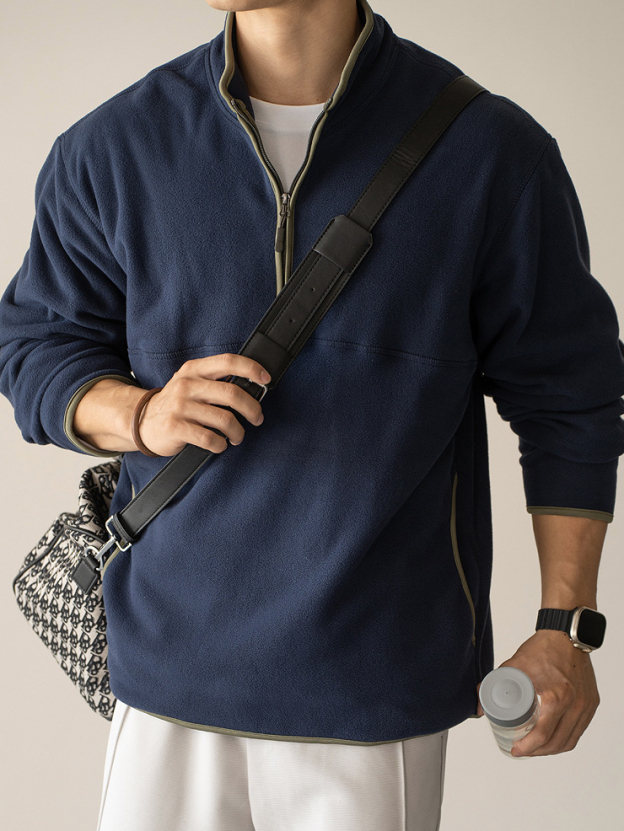 老錢風復古搖粒絨半拉鍊衛衣男秋冬加絨加厚保暖休閒長袖T恤