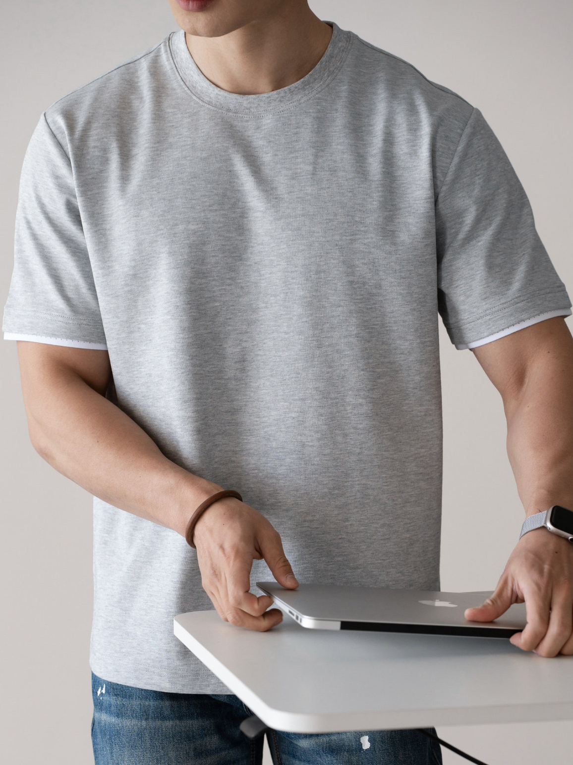 重磅棉拼接撞色袖圓領短袖T恤男士2026春季易打理鬆弛休閒新上衣