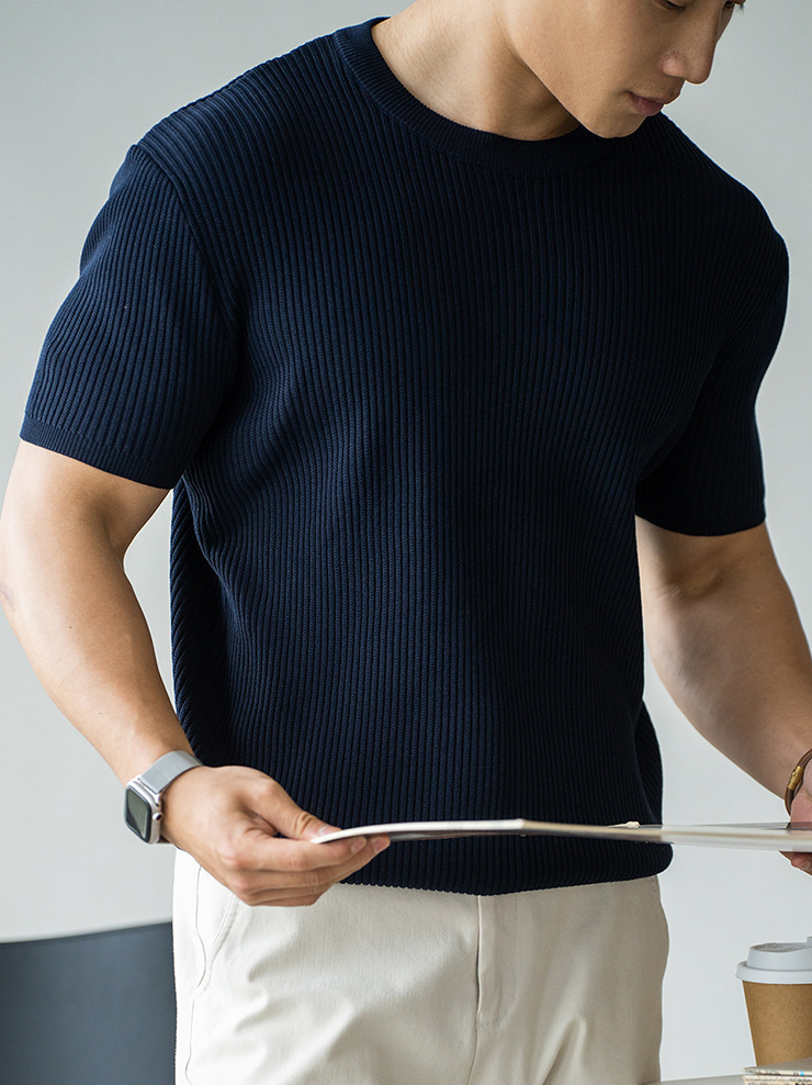 乾爽吸溼透氣針織短袖T恤男士2025夏季立體修身商務通勤休閒上衣