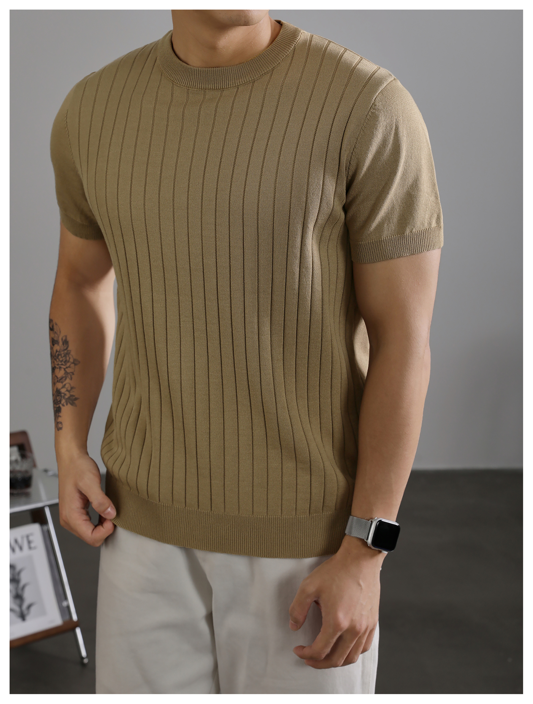 黑色簡質圓領短袖上衣男夏季透氣針織款T恤衫大條紋薄款體恤