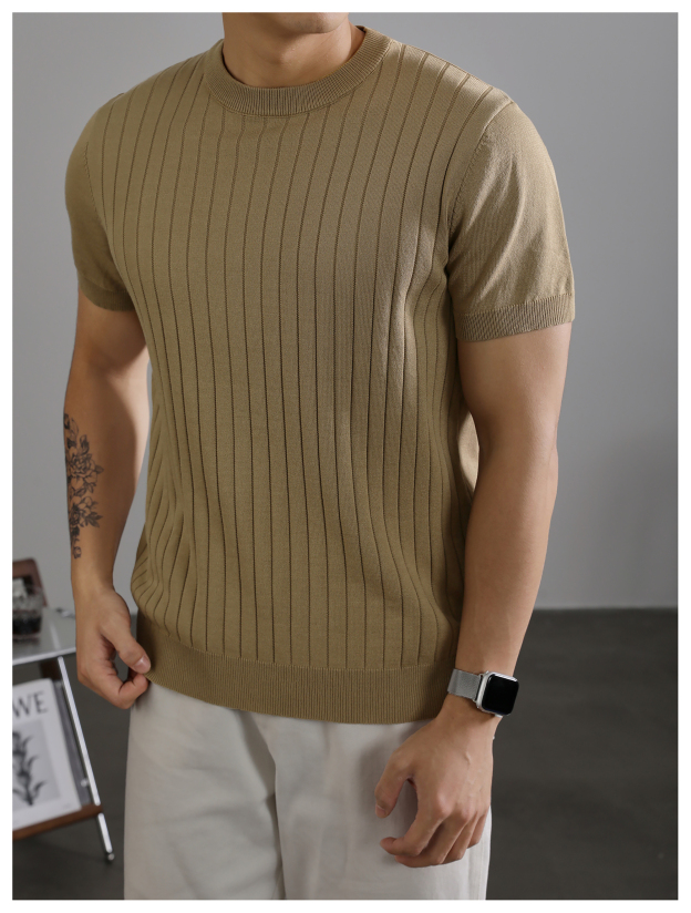 黑色簡質圓領短袖上衣男夏季透氣針織款T恤衫大條紋薄款體恤