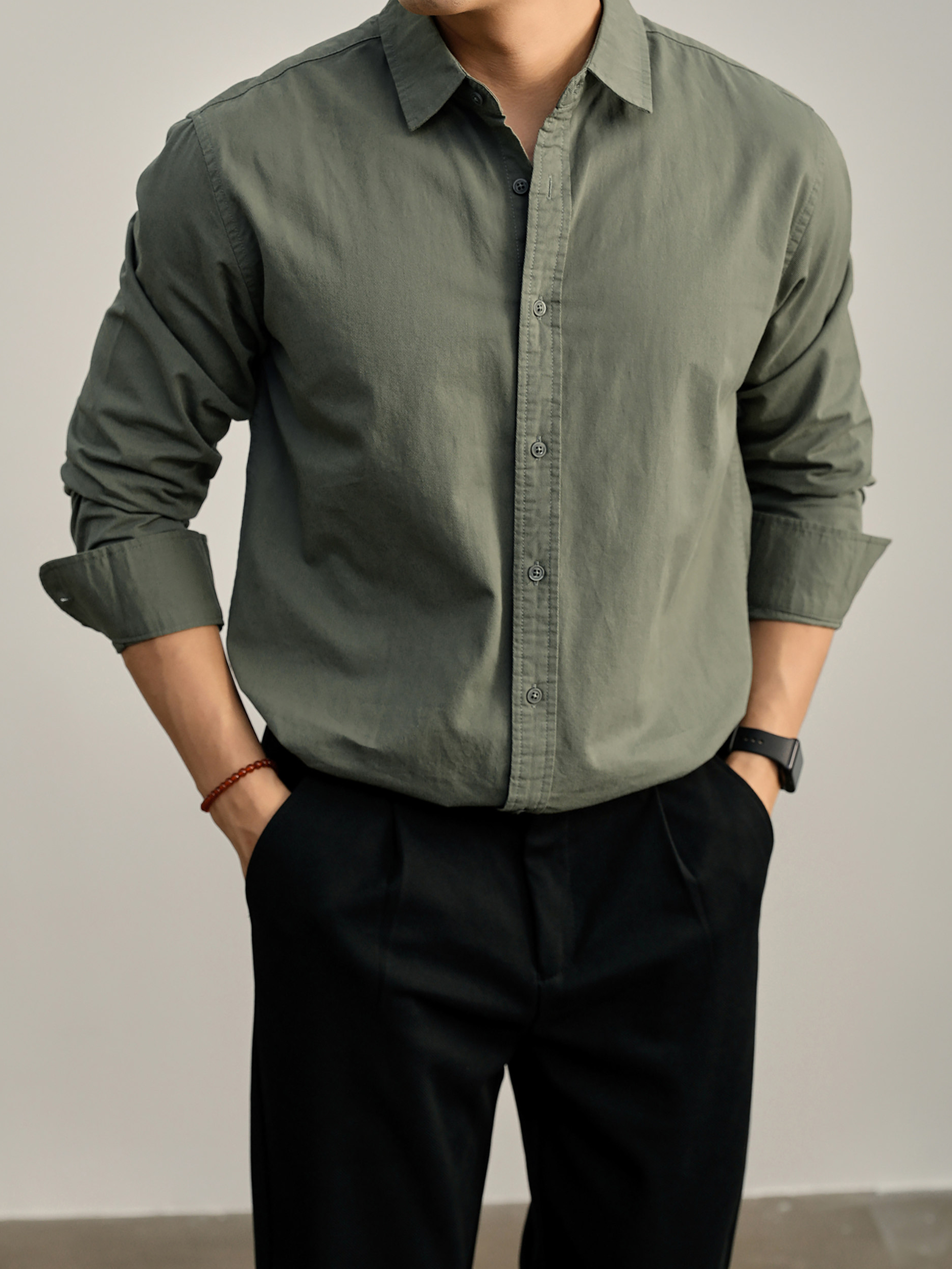 高端韓版100%純棉翻領襯衫男秋季純色時尚百搭長袖寸衣外套