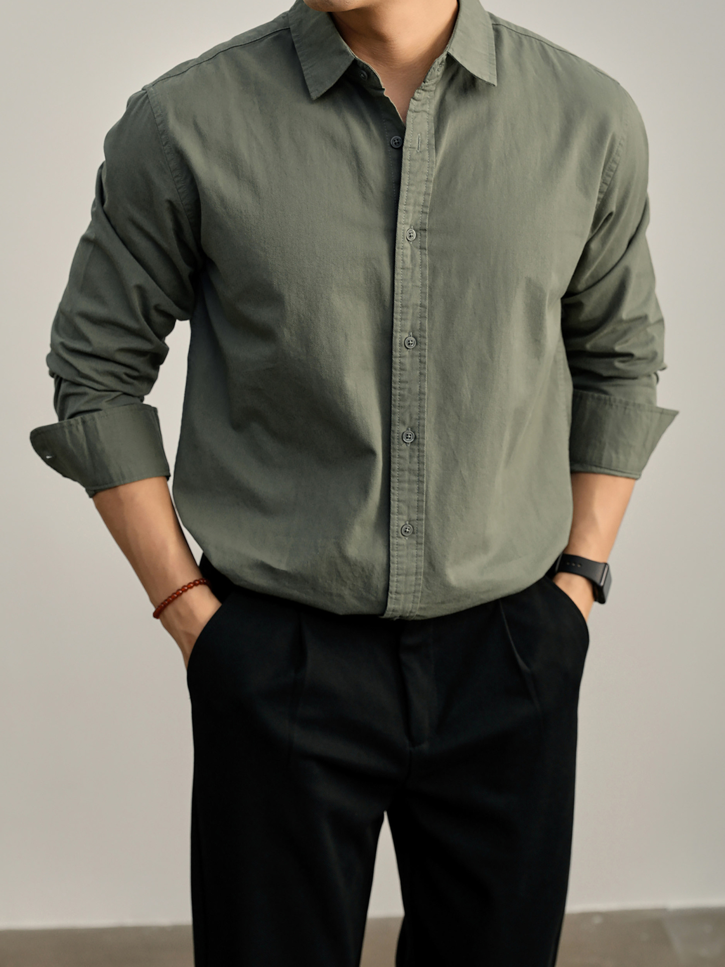 高端韓版100%純棉翻領襯衫男秋季純色時尚百搭長袖寸衣外套