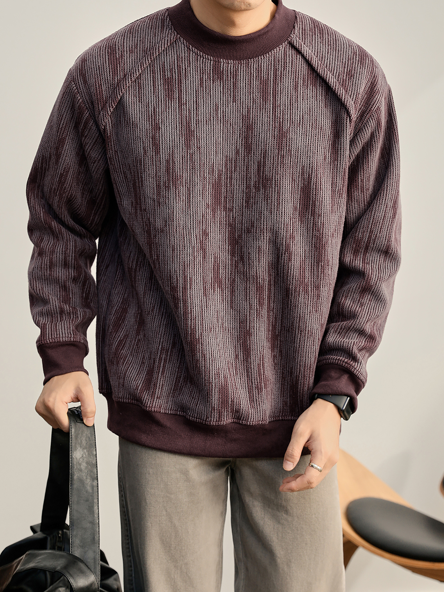 美式復古漸變斑駁感圓領衛衣男珠地蜂窩網重磅420g針織上衣