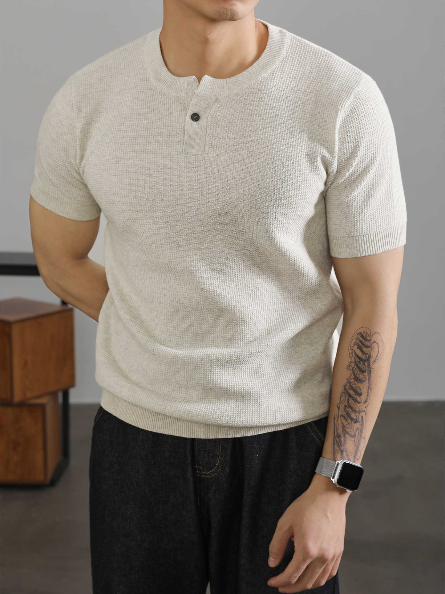 亨利領收袖短袖T恤針織衫男高級感針織肌理運動休閒體恤上衣