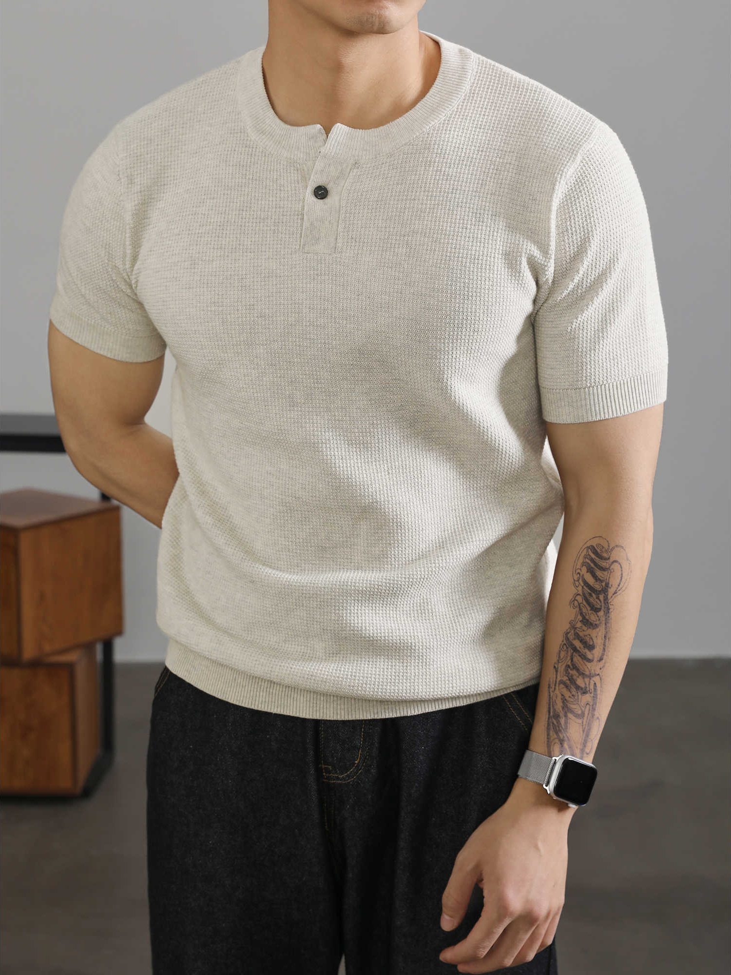 亨利領收袖短袖T恤針織衫男高級感針織肌理運動休閒體恤上衣