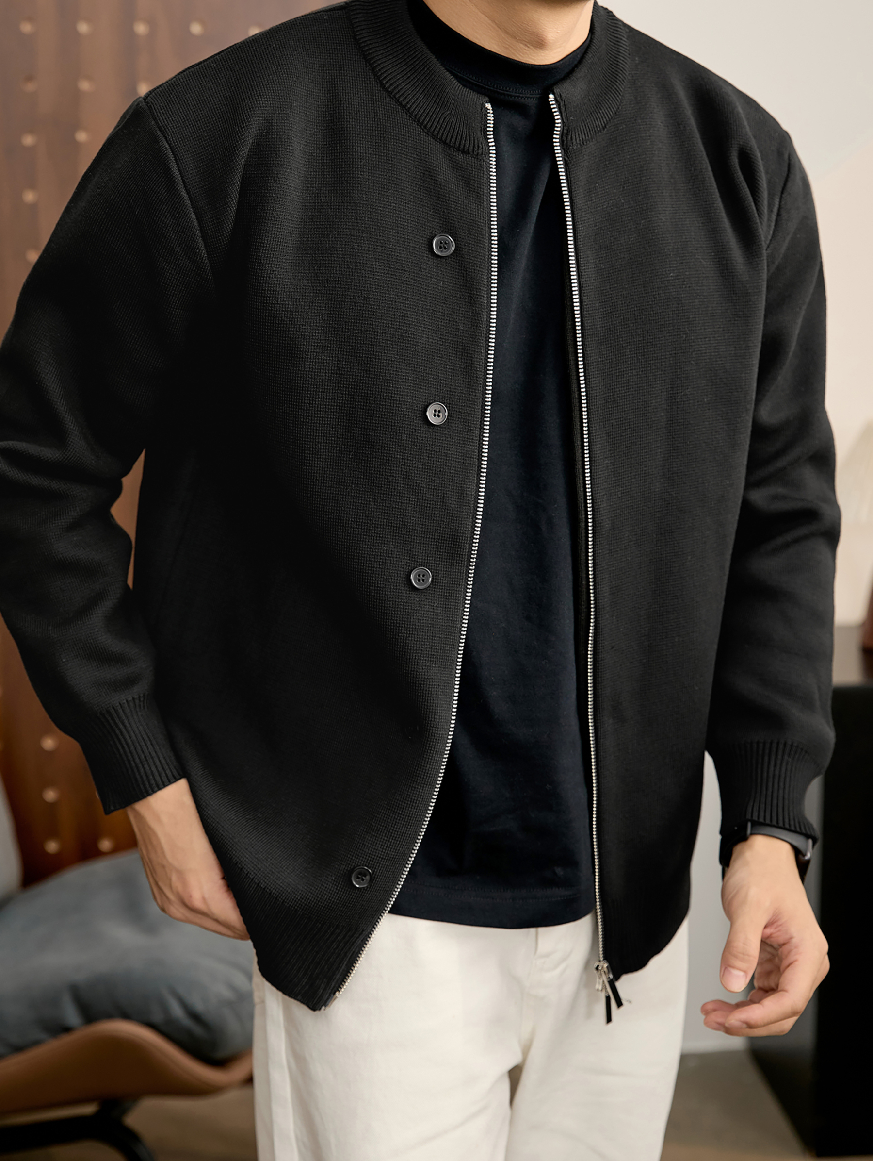 輕熟奢華立領針織外套紐扣裝飾簡約紳士男士雙拉鍊開衫毛衣