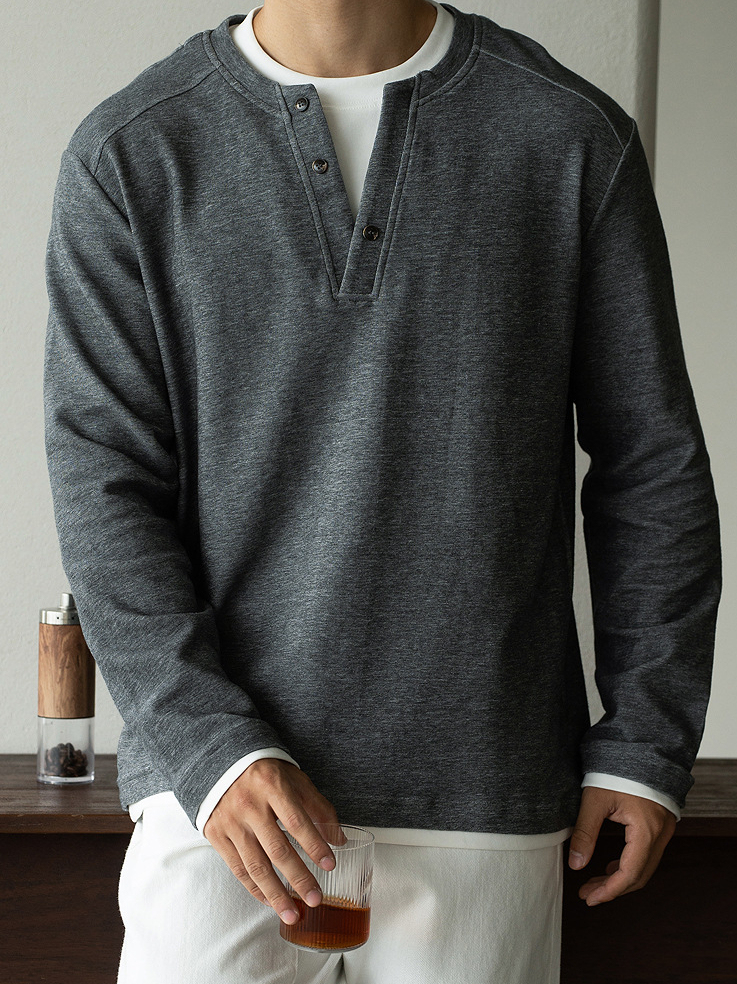 老錢風撞色V領手縫扣假兩件針織衫男2025年秋親膚休閒新款長袖T恤