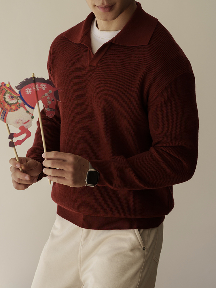 老錢風海鷗領長袖POLO針織衫男士2025秋冬老錢風14針保暖休閒毛衣