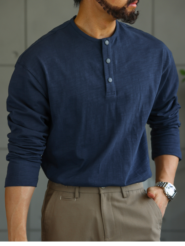 【绅士型格】舒适老钱亨利领长袖T恤男秋季竹节棉打底衫