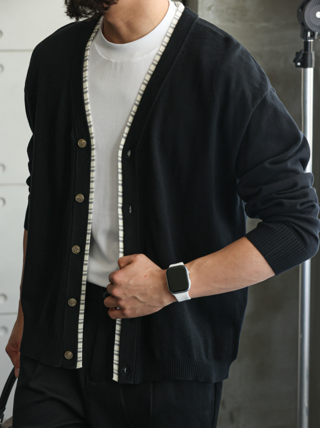 高密28針織帶拼接針織開衫男商務休閒修身長袖V領薄外套