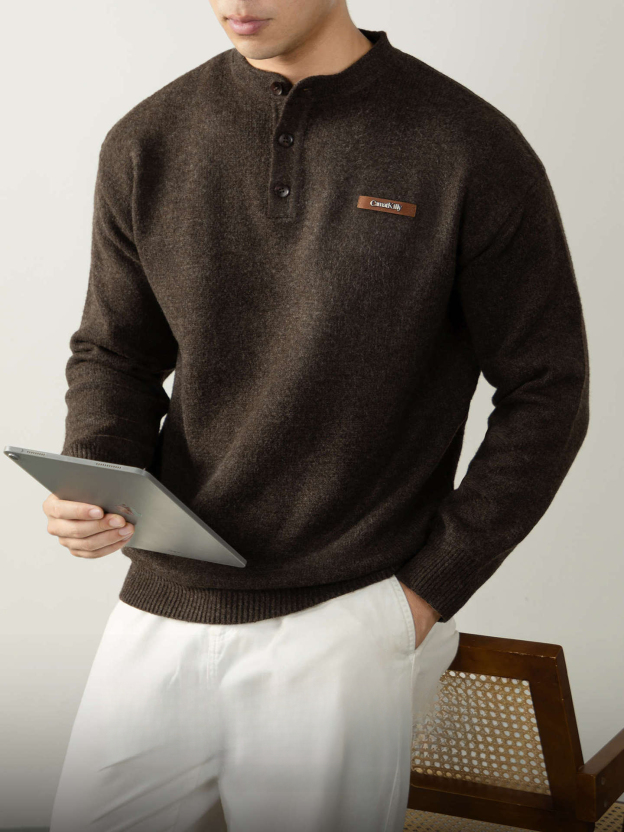 【紳士腔調】老錢風 經典亨利領寬鬆男士針織衫2025秋冬保暖百搭