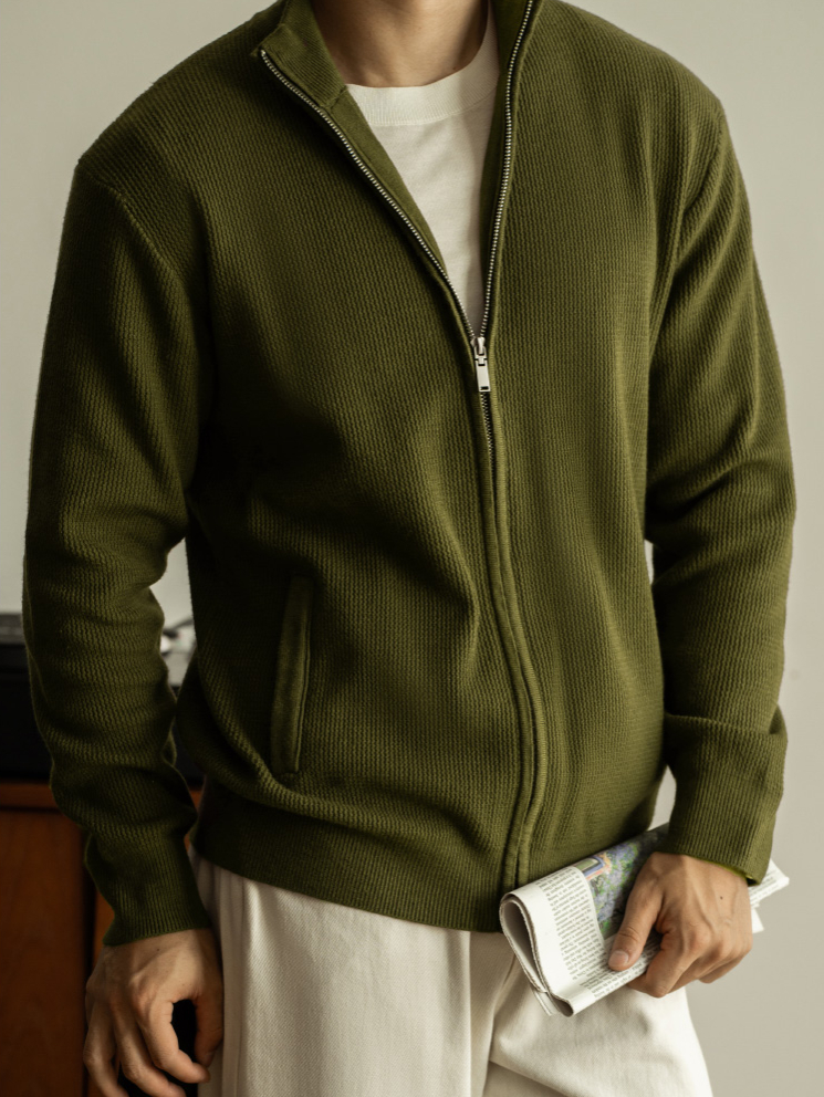 抗起球肌理男針織外套2025春外穿高領拉鍊休閒立領外套