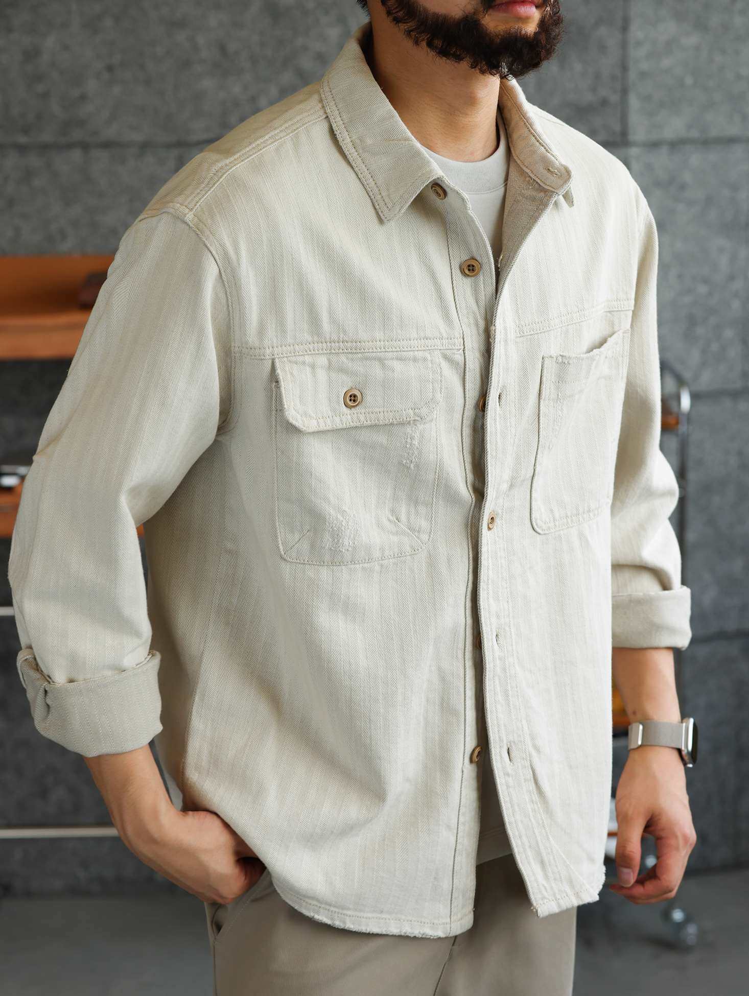 【智性通勤】純棉雙色人字紋牛仔襯衫男細膩質感休閒外套