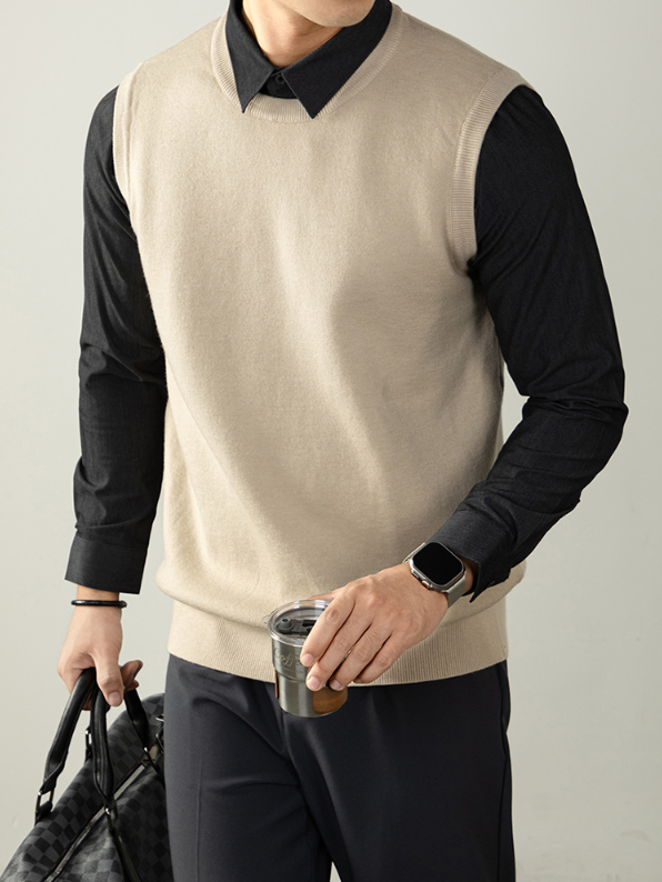 【澳羚一體絨】襯衫領加絨加厚假兩件針織衫男士冬季商務通勤毛衣