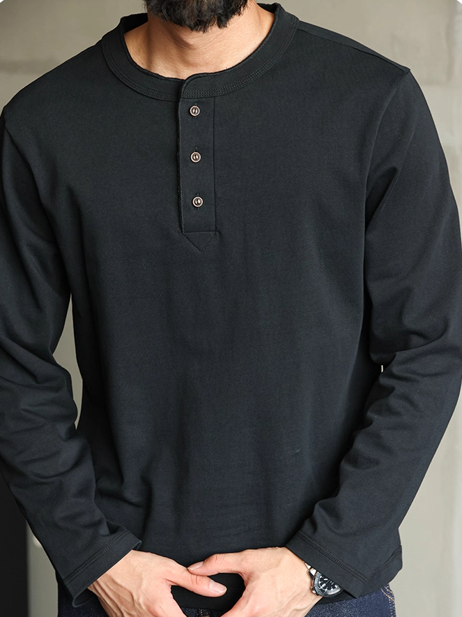【CBD精英】純棉重磅320g美式亨利領長袖t恤男排扣秋季休閒打底衫