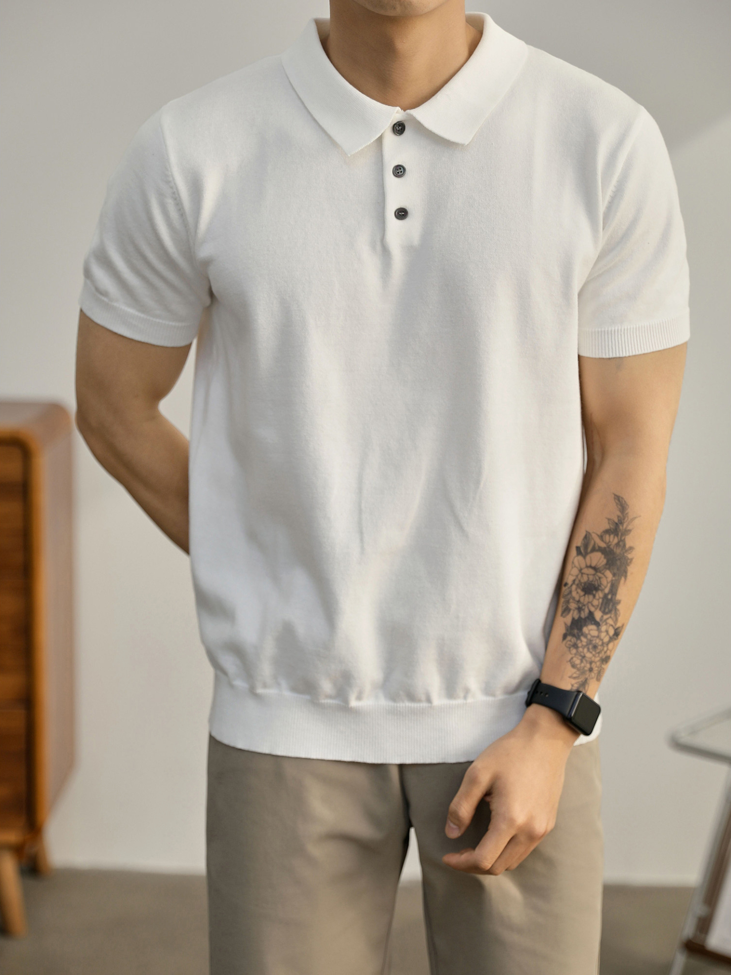 英倫風百搭針織短袖Polo衫透氣休閒羅紋底擺男士翻領保羅衫