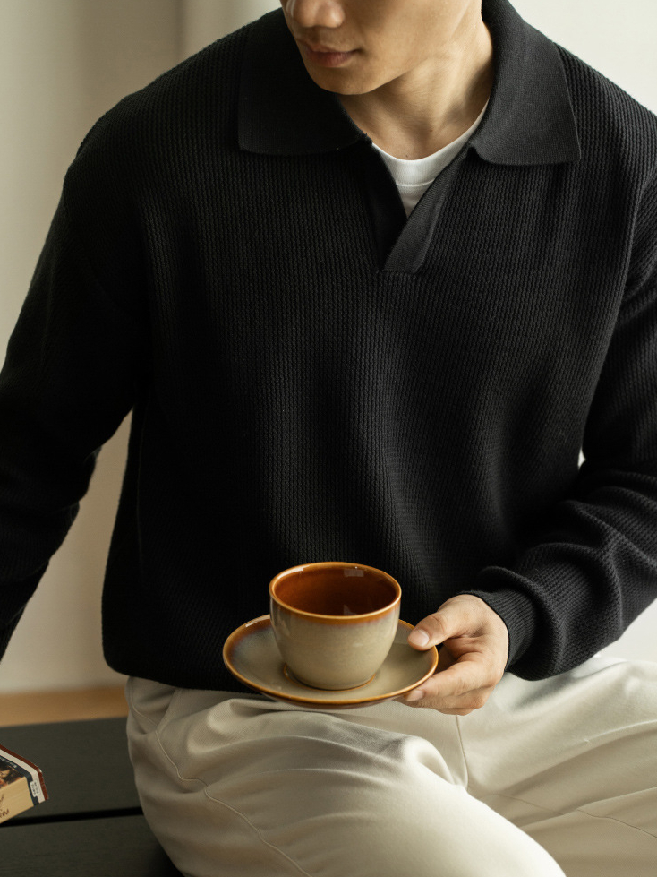 老錢風海鷗領長袖POLO針織衫男士2025秋冬老錢風14針保暖休閒毛衣