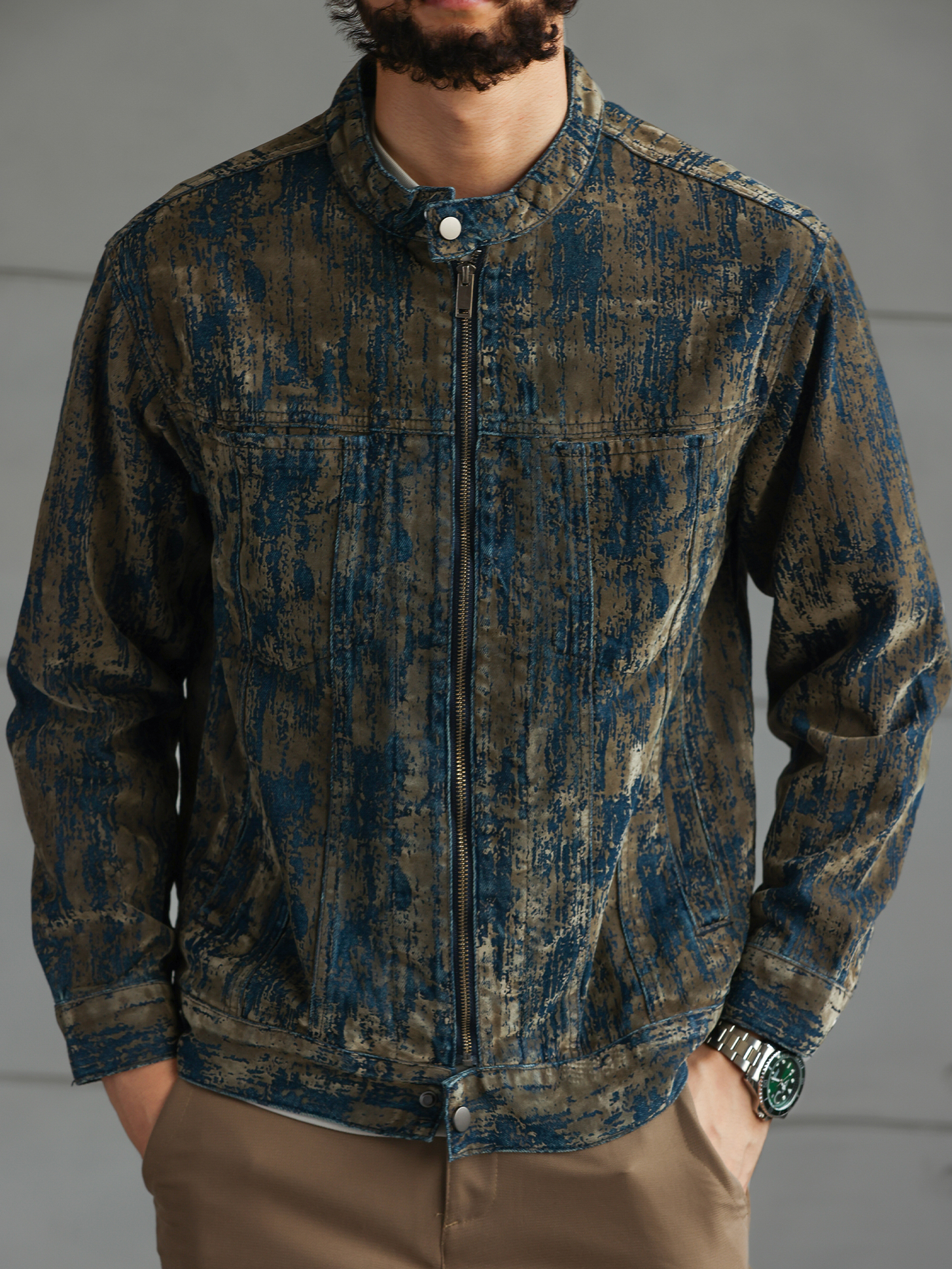 【南法時光】藝術植絨牛仔夾克男秋冬季斑駁做舊休閒外套