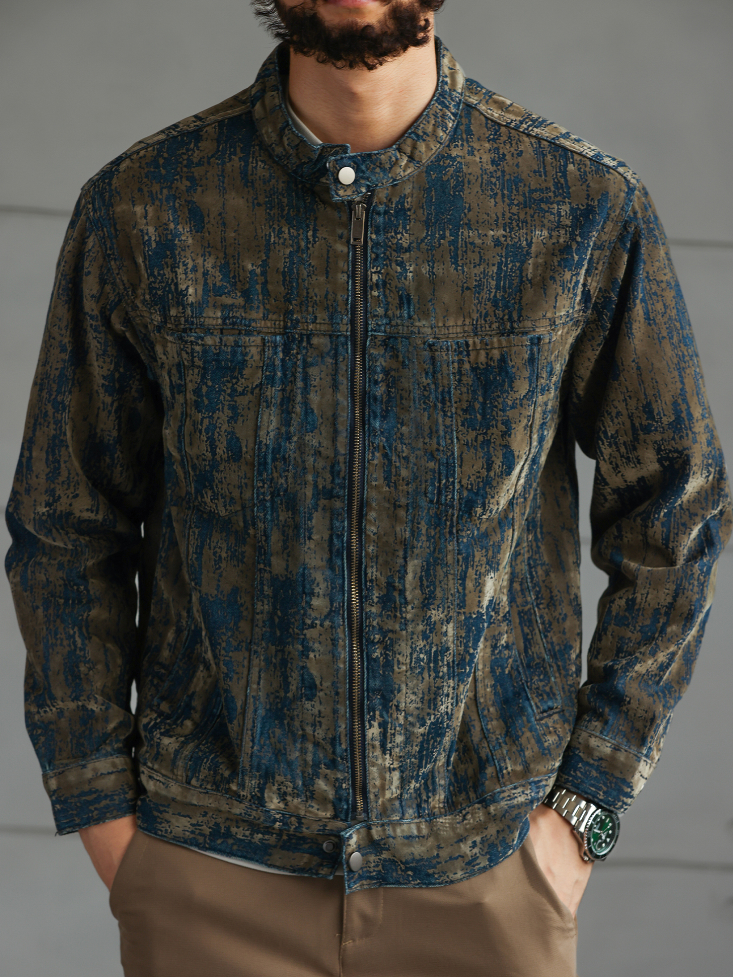 【南法時光】藝術植絨牛仔夾克男秋冬季斑駁做舊休閒外套