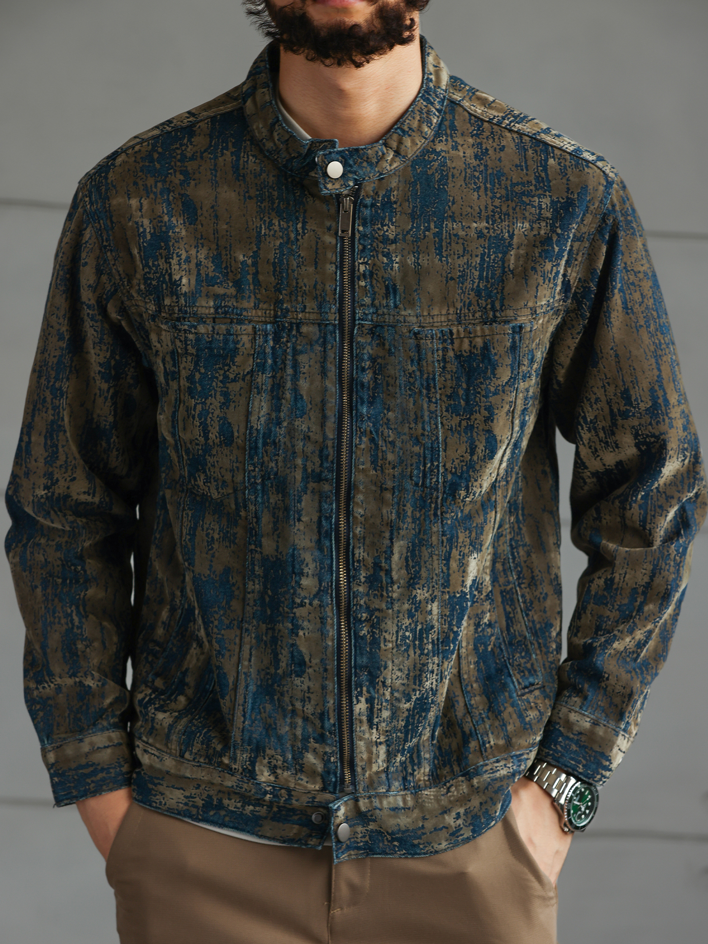 【南法時光】藝術植絨牛仔夾克男秋冬季斑駁做舊休閒外套