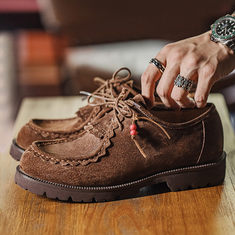 MRA袋鼠鞋男2023新款印第安日系工裝郵差鞋美拉德復古休閒小皮鞋-Retro's Wear