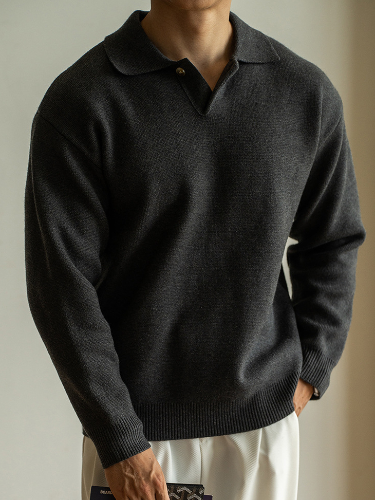 老錢風意式7針米絨翻領半開襟針織衫男士秋冬寬鬆休閒長袖polo衫