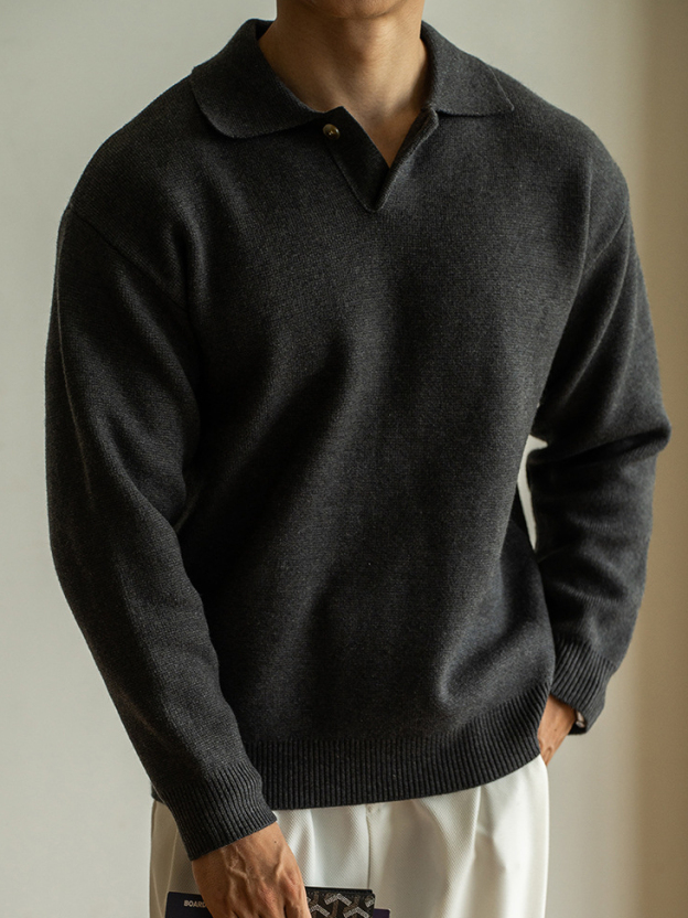 老錢風意式7針米絨翻領半開襟針織衫男士秋冬寬鬆休閒長袖polo衫