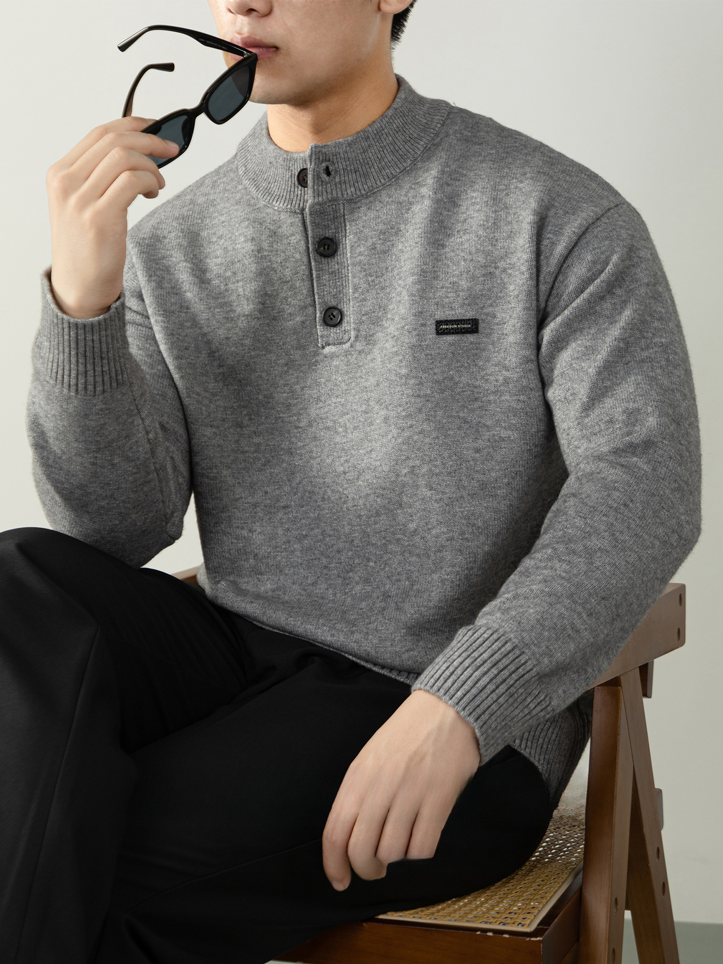 美式硬漢風亨利領皮標創意針織衫男士秋冬保暖慵懶高級落肩Polo衫