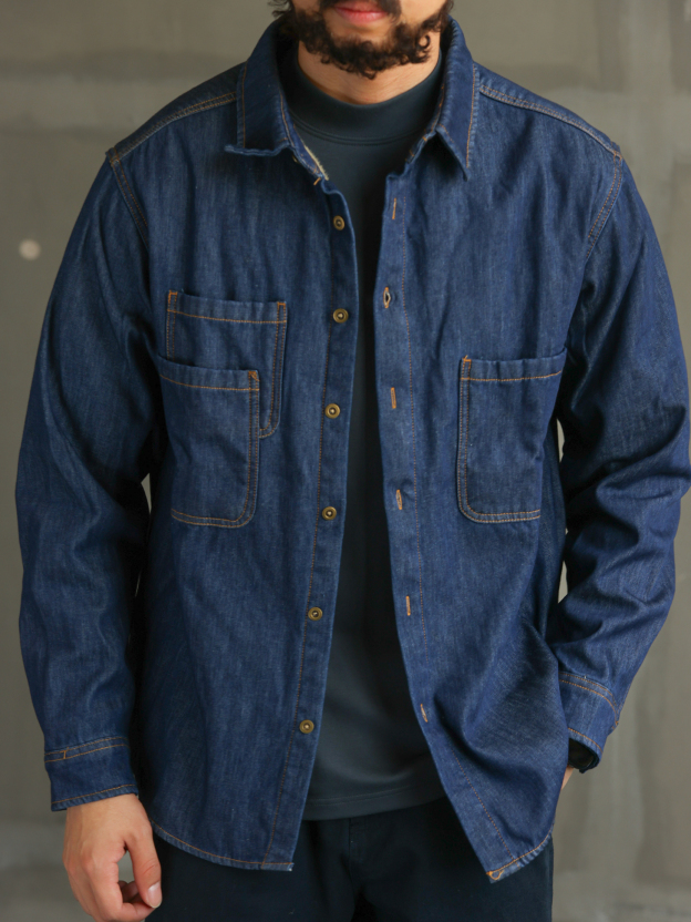 【紳士型格】美式休閒藍色加絨牛仔襯衫男士長袖襯衣外套