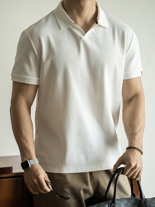 美式海鷗領新疆棉透氣短袖POLO衫男士2025春夏新款小V領保羅衫