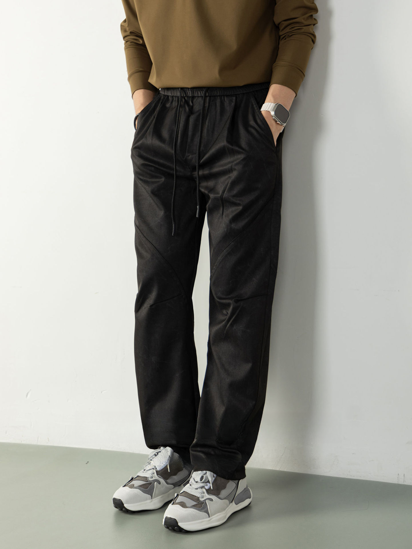 【復古奢感】扎染褶皺肌理微闊休閒長褲男士慵懶風拼接彎刀鬆緊褲