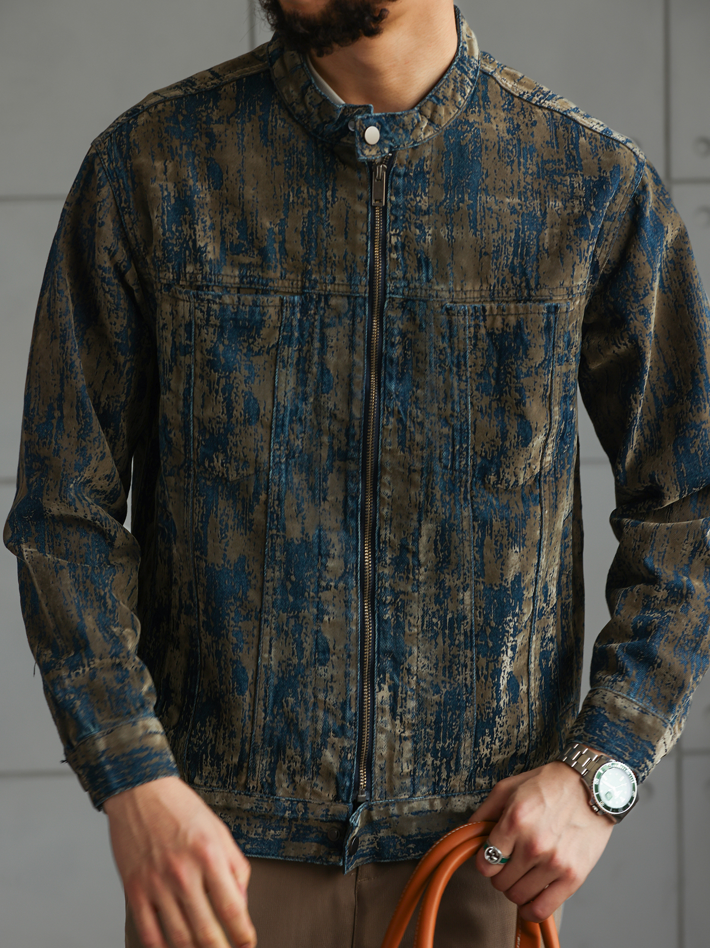 【南法時光】藝術植絨牛仔夾克男秋冬季斑駁做舊休閒外套