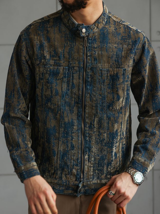 【南法時光】藝術植絨牛仔夾克男秋冬季斑駁做舊休閒外套