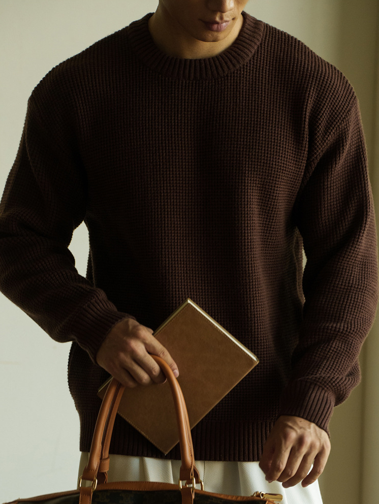 華夫格7針透氣紋理圓領毛衣男士2025秋冬老錢風新款休閒新針織衫