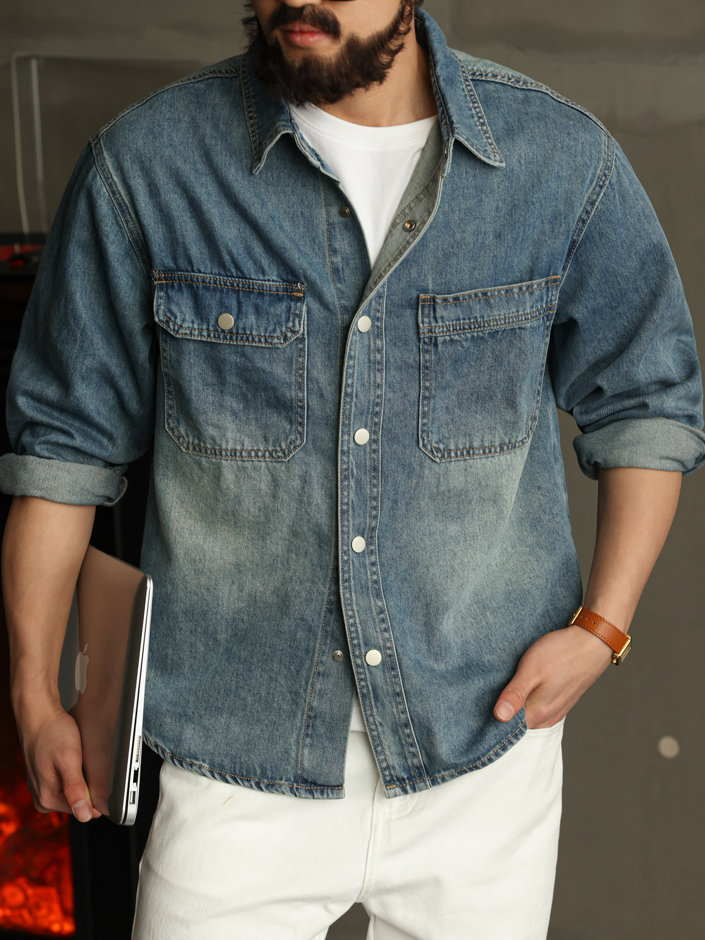 【智性通勤】天丝莱赛尔长袖牛仔衬衫男口袋衬衣秋季外套