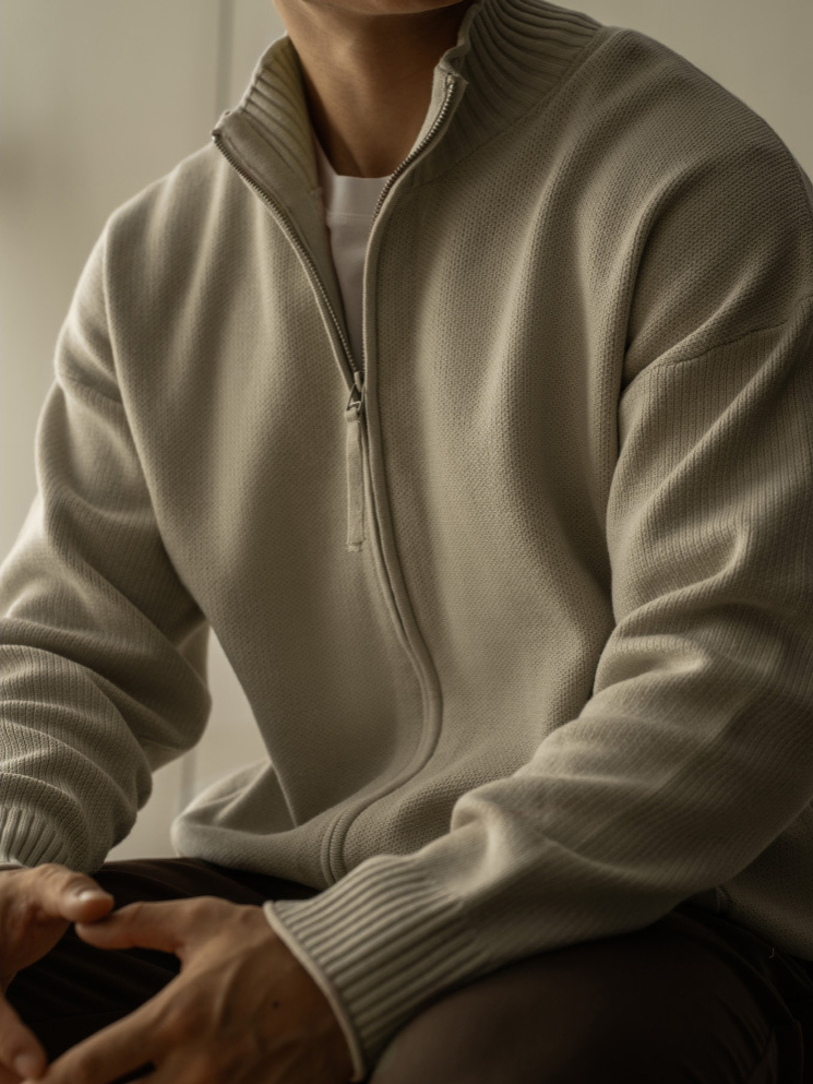 拉鍊開衫毛衣外套男士秋冬立領微寬鬆針織衫基礎休閒上衣