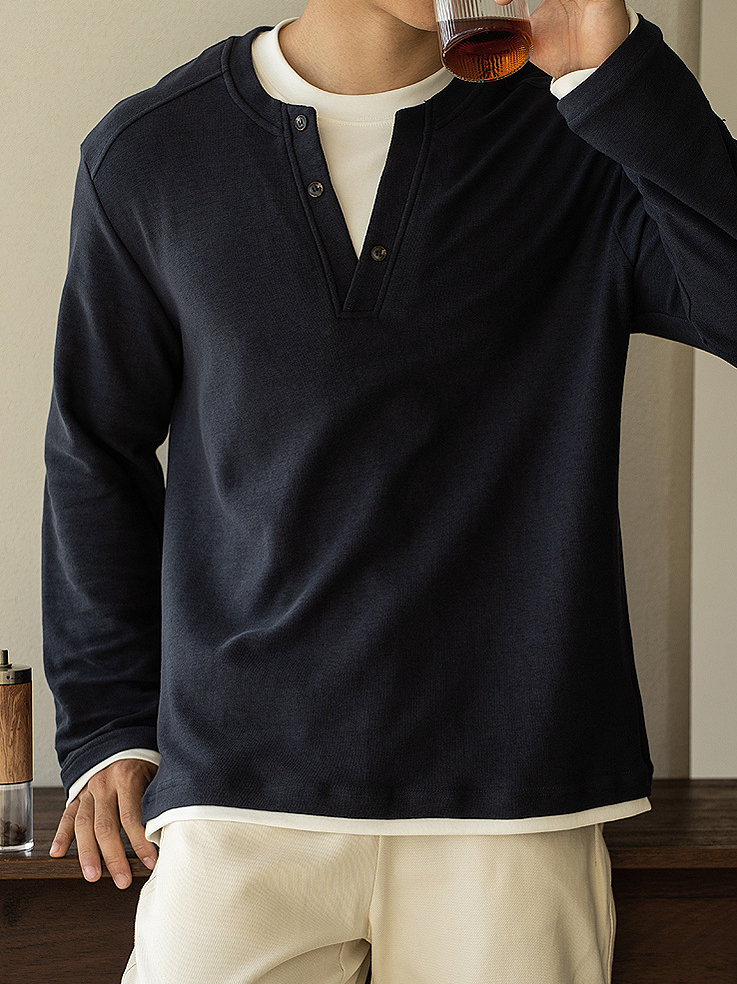 老錢風撞色V領手縫扣假兩件針織衫男2025年秋親膚休閒新款長袖T恤